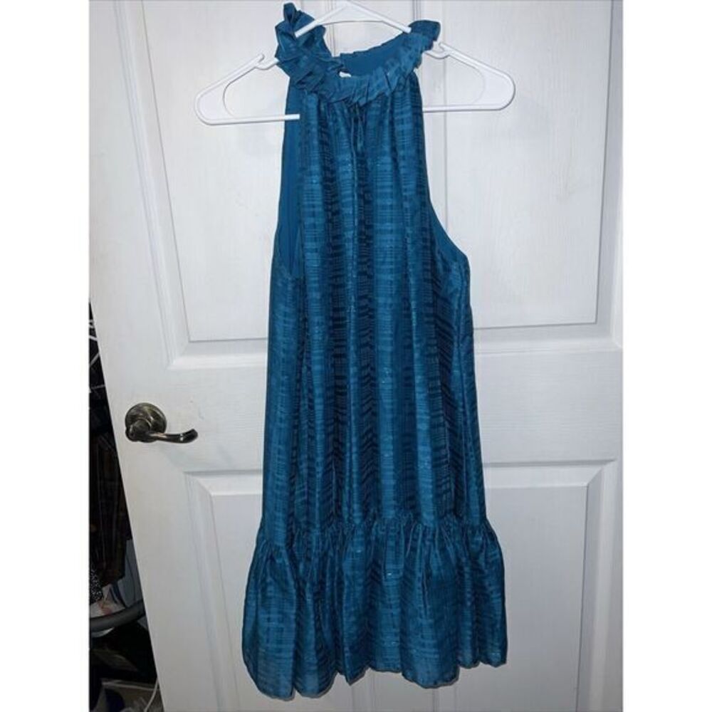 Belle Badgley Mischka Jacquard Teal Blue Willa‎ Halter Lined Mini Dress Size 6